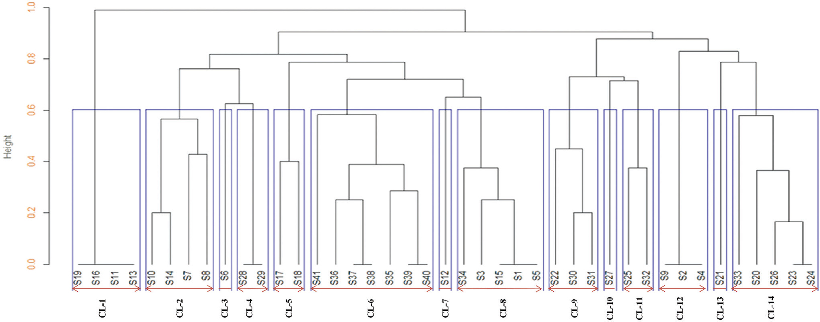 Dendrogram of Escherichia coli isolates at 60 per cent similarity cut-off value analysis, it showed 14 unique clusters. CL: Cluster.